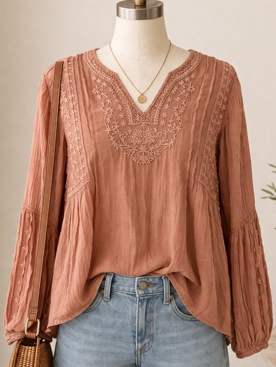 Solitaire Tops - Solitaire Embroidered Boho Blouse – Dusty Rose Rayon